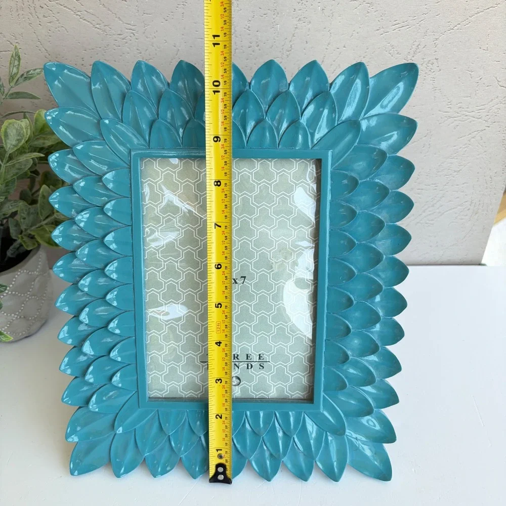 Three Hands Turquoise Metal Petal Leaf 5x7 Picture Frame Teal Glossy Rectangular